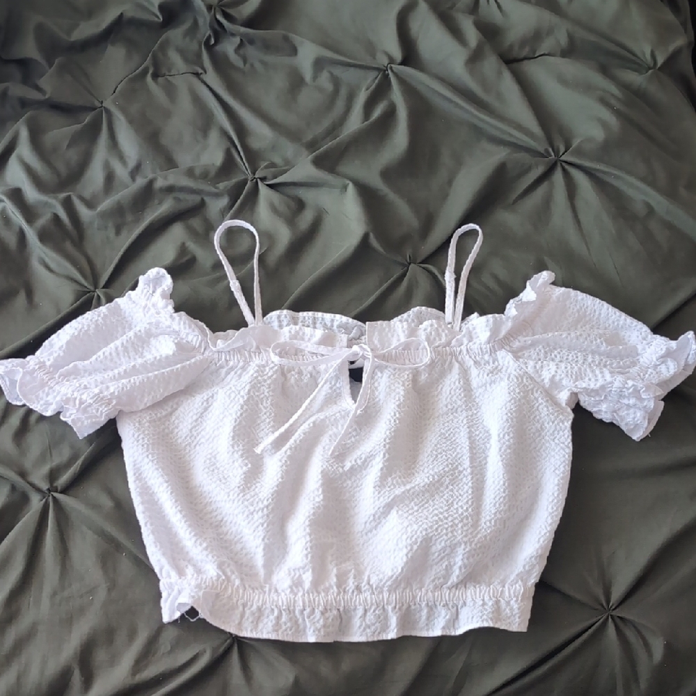 Divided White Off-Shoulder Smocked Crop Top with Straps